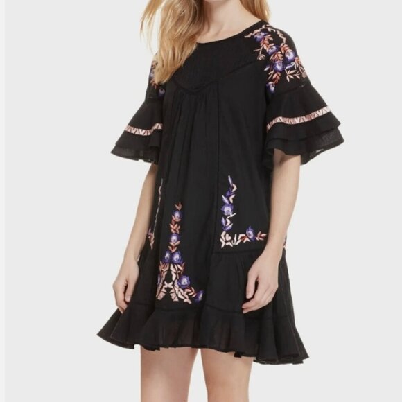 Free People Pavlo Embroidered Flounce Mini Black Dress Size Small - Picture 1 of 10
